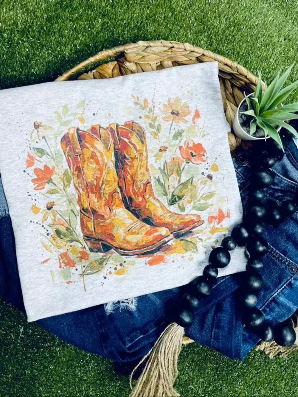 Floral Cowgirl Boots Graphic Tee - Ash Grey - Picture 2 of 2